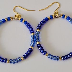 Blue Luster Seed Bead with Gold Beaded Hoop Earrings, Blue Seed Bead Earrings